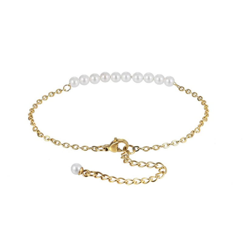 Браслет-цепочка стальной с искусственным жемчугом, покрытие pvd 14K