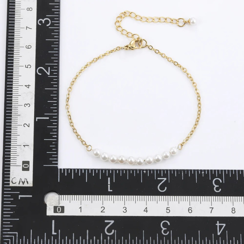 Браслет-цепочка стальной с искусственным жемчугом, покрытие pvd 14K